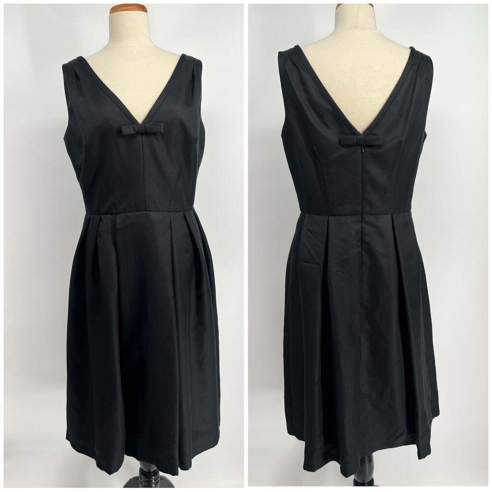 Vtg Kay Unger NY Silk Midi Dress Womens 14 Black Satin Double V Neck A Line READ